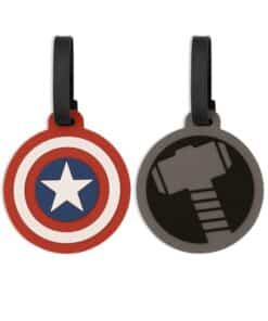 detalle etiqueta flexible de maleta marvel con capitán américa y thor