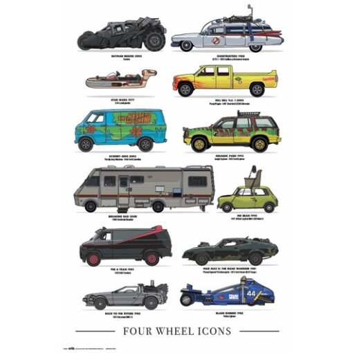 Póster Premium Four Wheels Icons – 61x61,5 cm – Vehículos Icónicos del Cine y la TV – Incluye Cuelga Póster