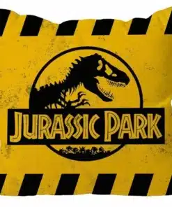 cojín jurassic park logo caution 40x40 diseño oficial vista frontal