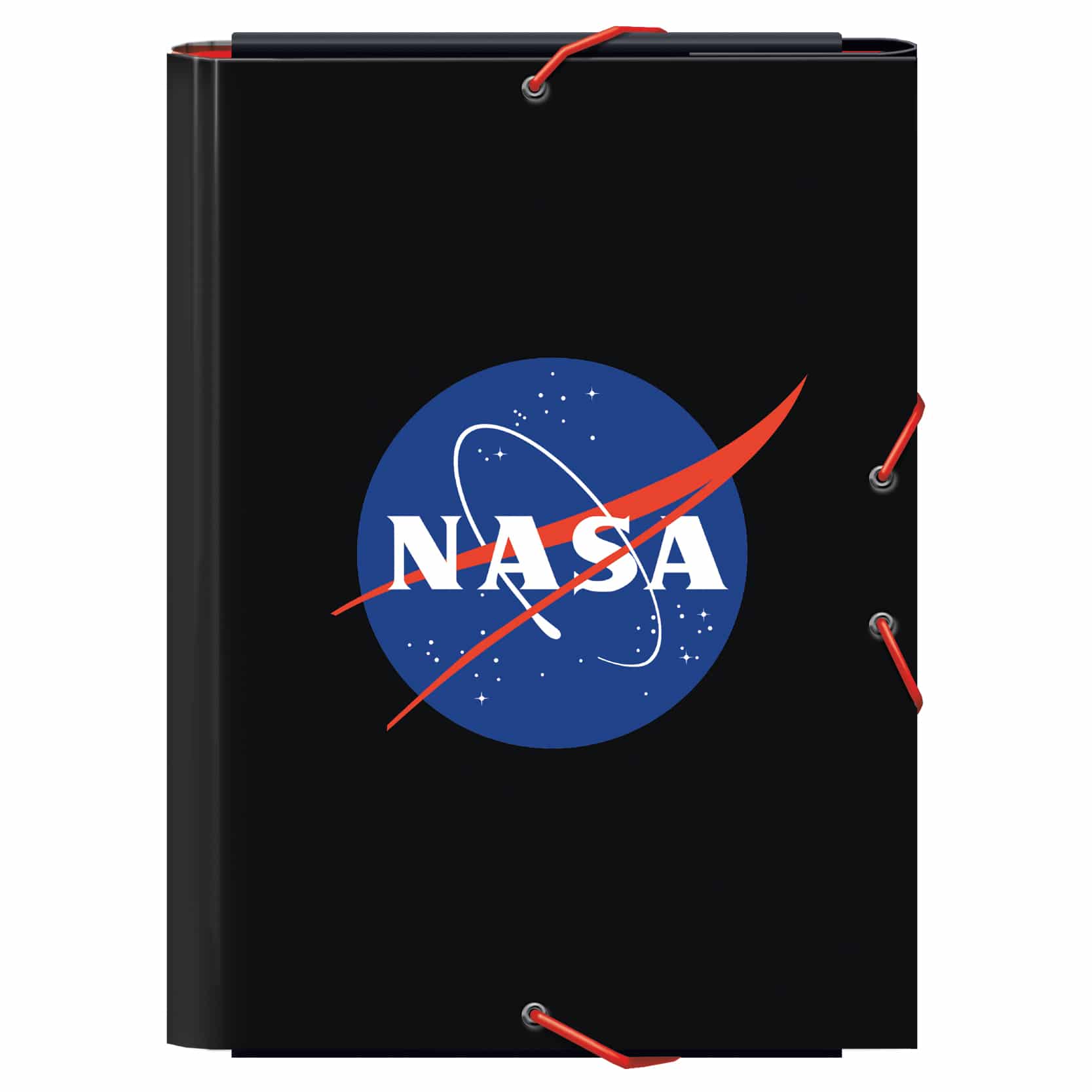 Carpeta NASA Dohe Negra con logo espacial ideal para organizar documentos en estudio y oficina.