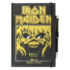 Cuaderno Iron Maiden A5 con bolígrafo proyector y diseño musical ideal para estudio y oficina.