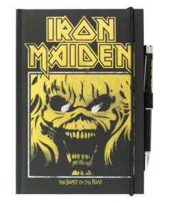 Cuaderno Iron Maiden A5 con bolígrafo proyector y diseño musical ideal para estudio y oficina.