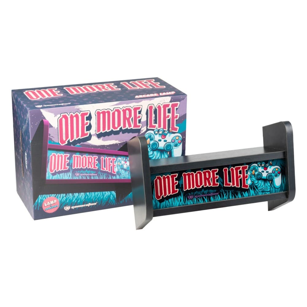 Lámpara Arcade One More Life decorativa con luz ambiental inspirada en videojuegos retro.