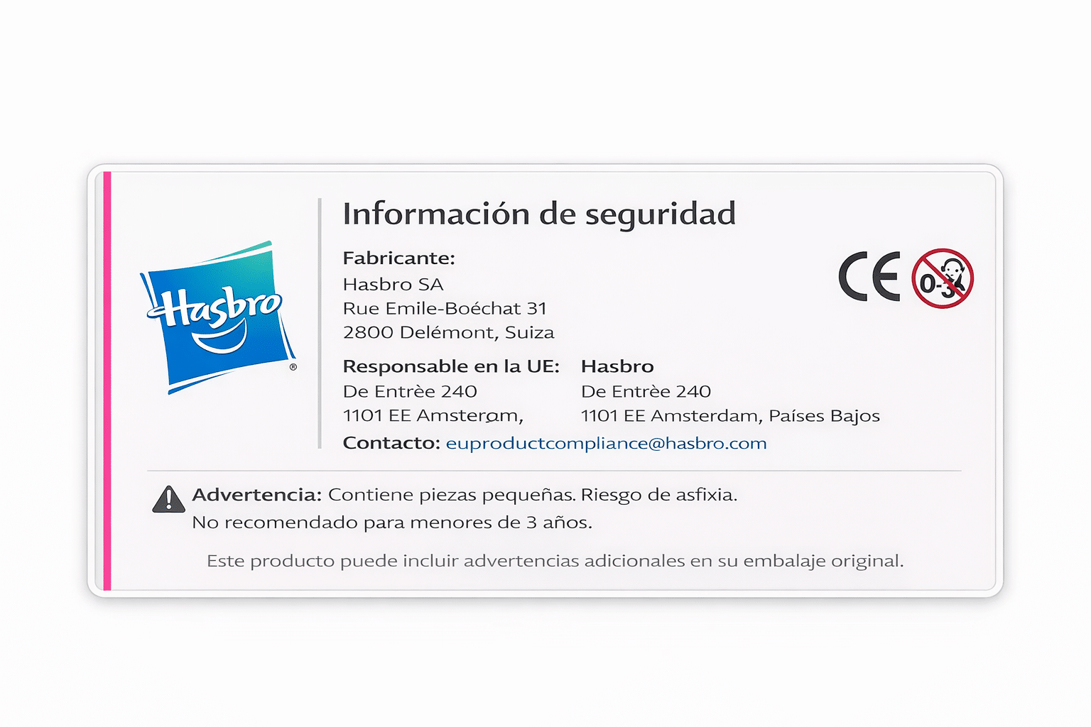 Información de seguridad producto Hasbro normativa UE marcado CE advertencias
