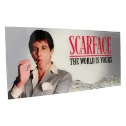Póster de Vidrio Scarface Fondo Gris con diseño oficial The World Is Yours y acabado premium sobre cristal.