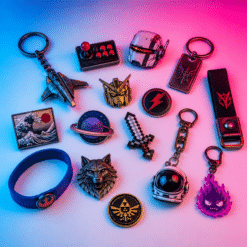 Llaveros, pines y complementos