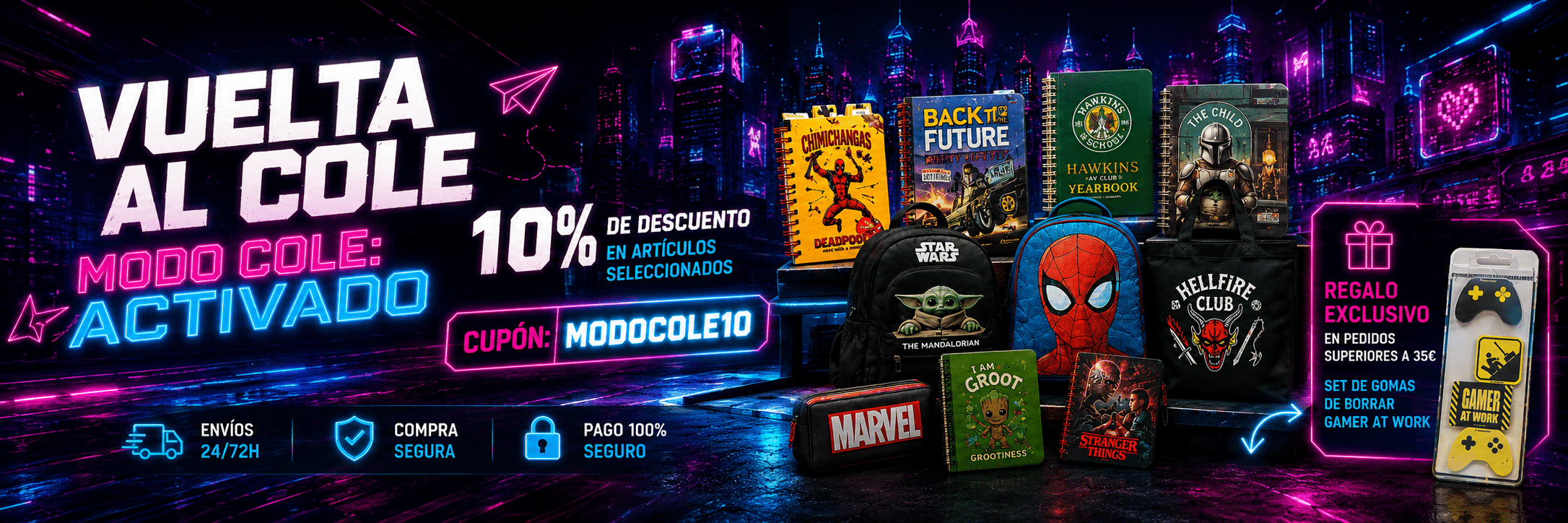 Banner vuelta al cole de La Frikineta con 10% de descuento en artículos seleccionados y regalo gamer en pedidos superiores a 35 €