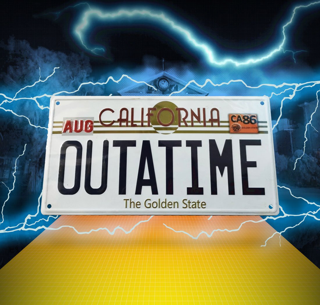 Matrícula OUTATIME Back to the Future cartel metálico DeLorean